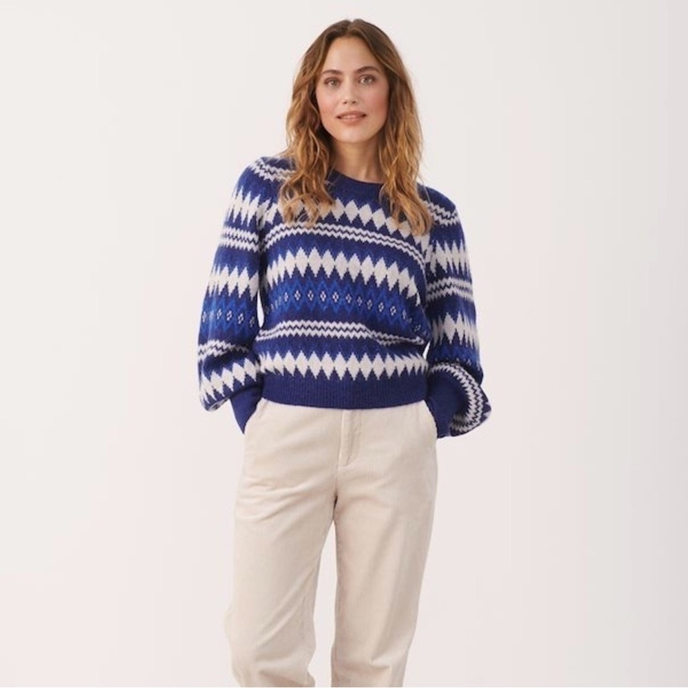 Nwt Part Two Medium Alpaca Wool Blend Sweater Blue Knit Jacquard Fair Isle